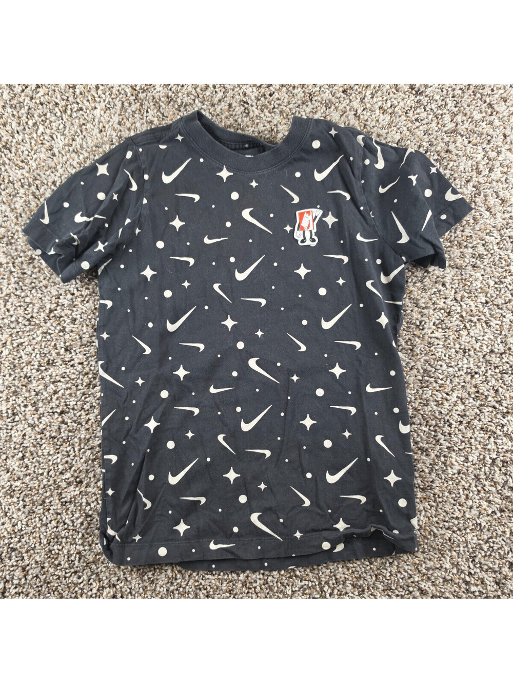 Nike Boys Sz M Short Sleeve T Shirt Black White Swoosh All Over Print